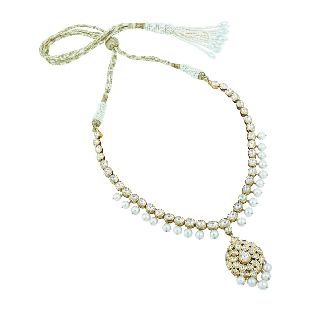 Linear Polki Necklace with Pendant and Pearl Drop